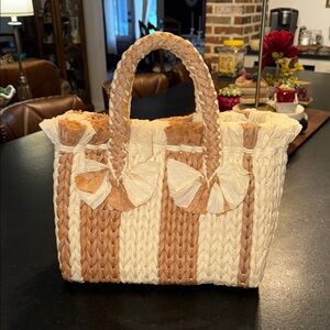 Vince Camuto Tan and Cream Woven Straw hand Bag striped